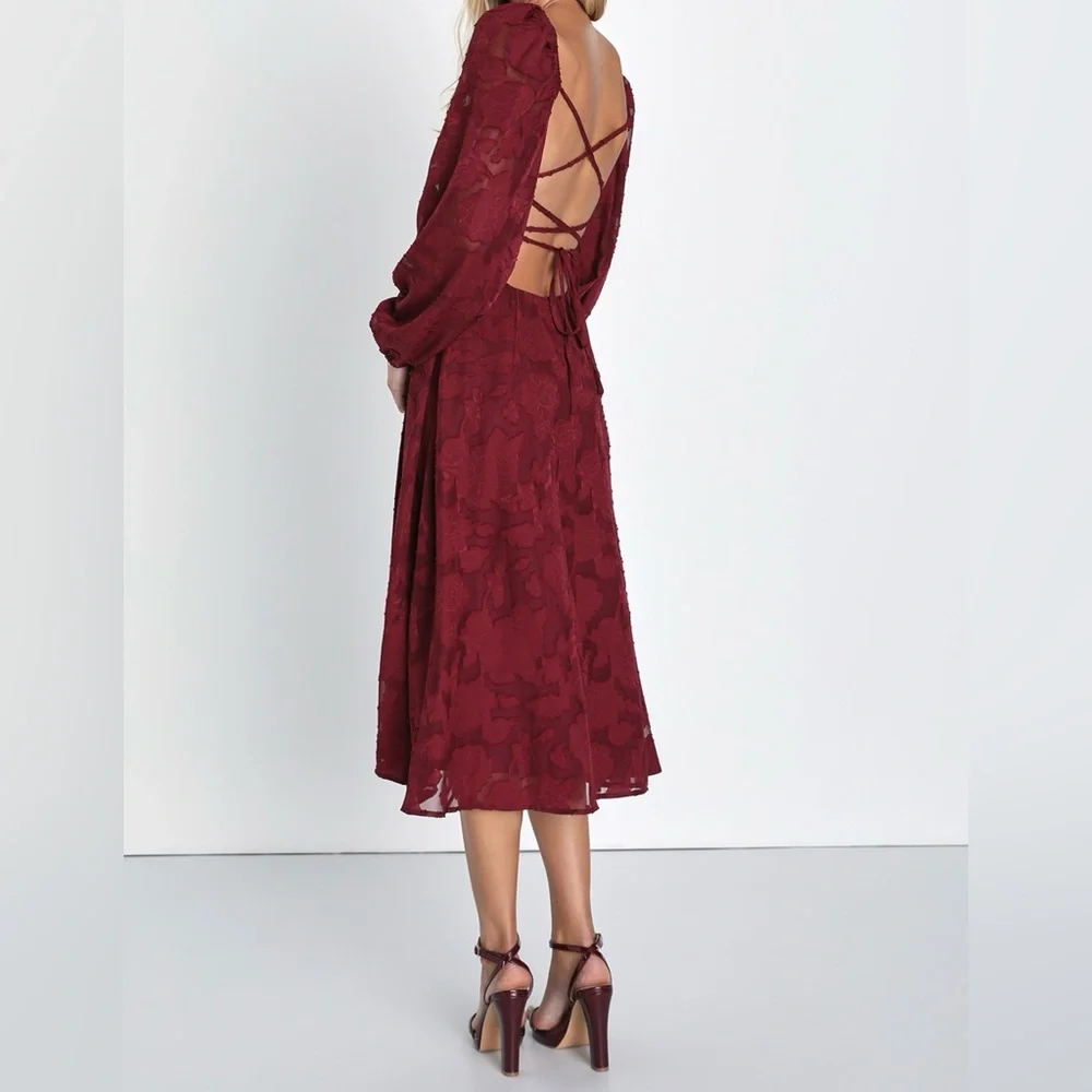 Lulus Burgundy Floral Long Sleeve Lace-Up Back Midi Dress - Picture 3 of 8